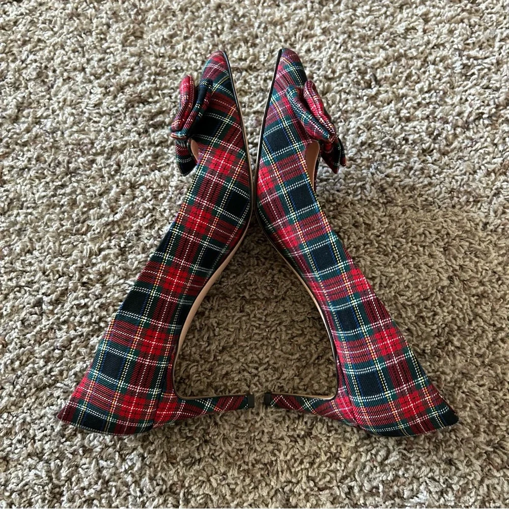 J. Crew Red Green Plaid Bow Pointed-Toe Kitten Heels